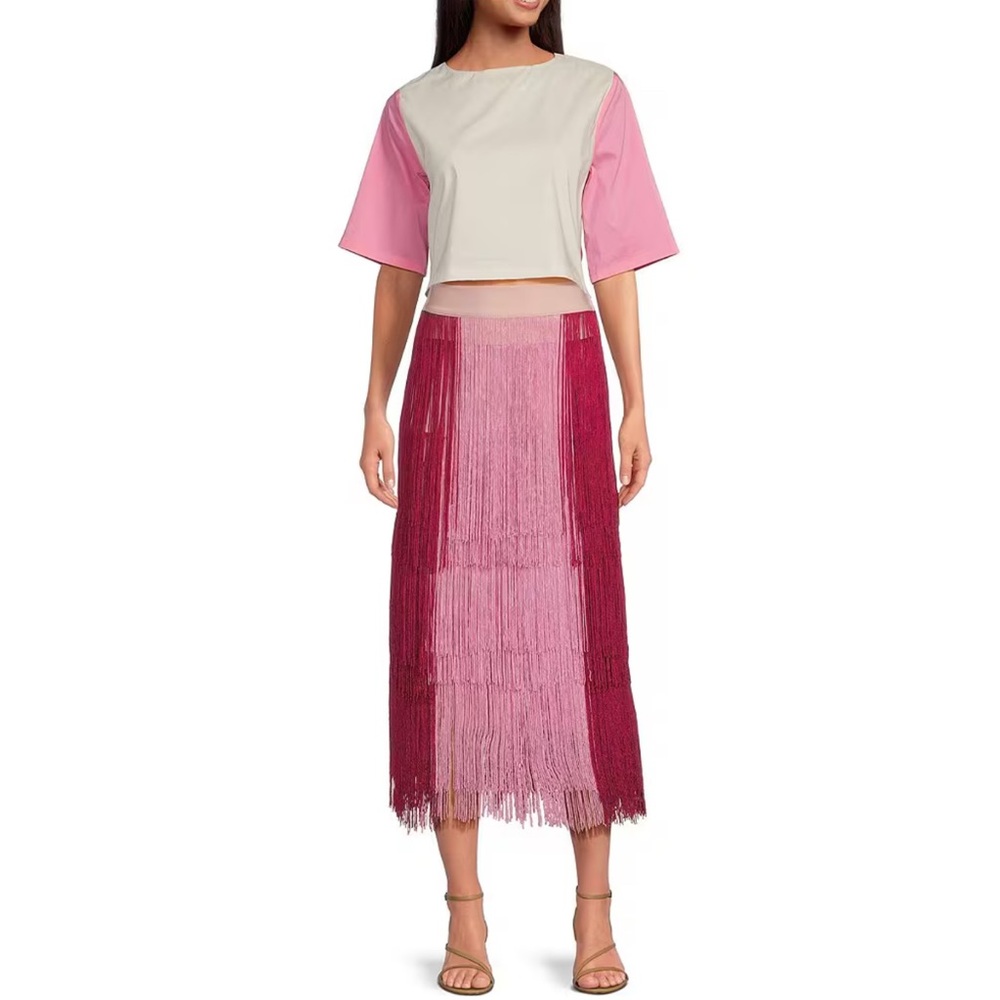 NWT Buru Color Block Elastic-Back Waist Fringe Midi A-Line Skirt Size M - Picture 2 of 6